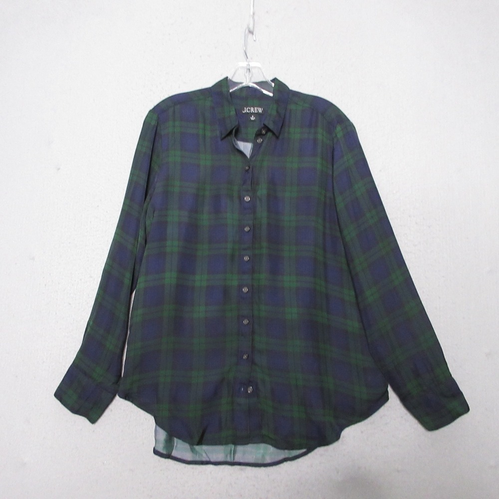 J Crew Top Blue Green Black Watch Plaid Drapey Button Up Holiday Classic Satin - Picture 2 of 9